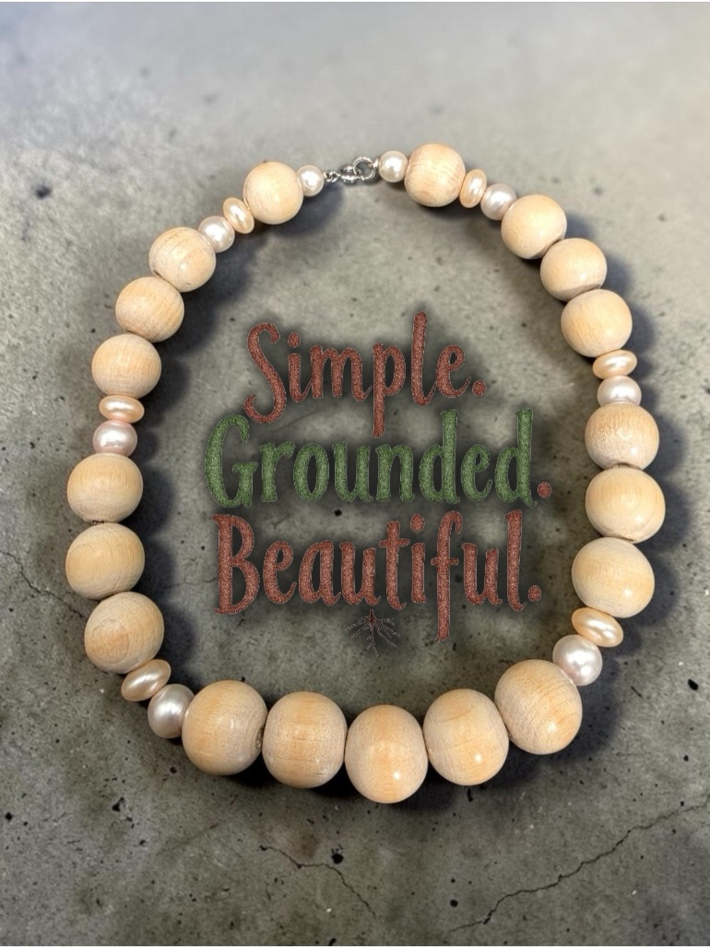 Boho Chic Wooden Bead Choker Necklace - Blond Wood & Faux Pearl, Natural